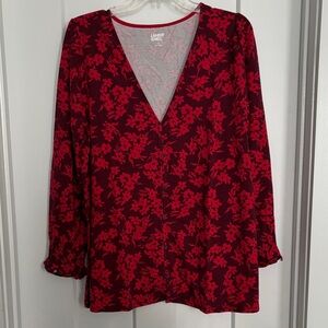 Lands' End Women's Burgundy Floral V-Neck Blouse